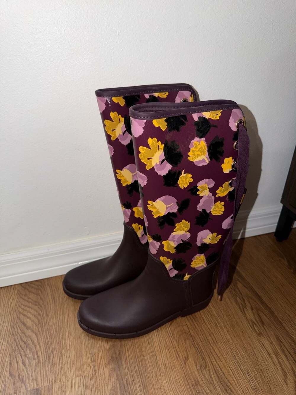 Coach Tristee Plum Floral Lace-Up Corset Rain Boots